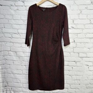 Talbots Paisley Sheath Dress L Black Red Ruched Faux Wrap Ponte Career Cocktail‎